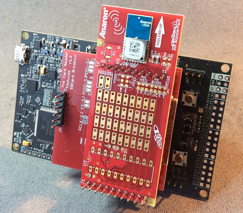 Figure 5 MSP432 LaunchPad with SD card BoosterPack and 430Boost-CC110L